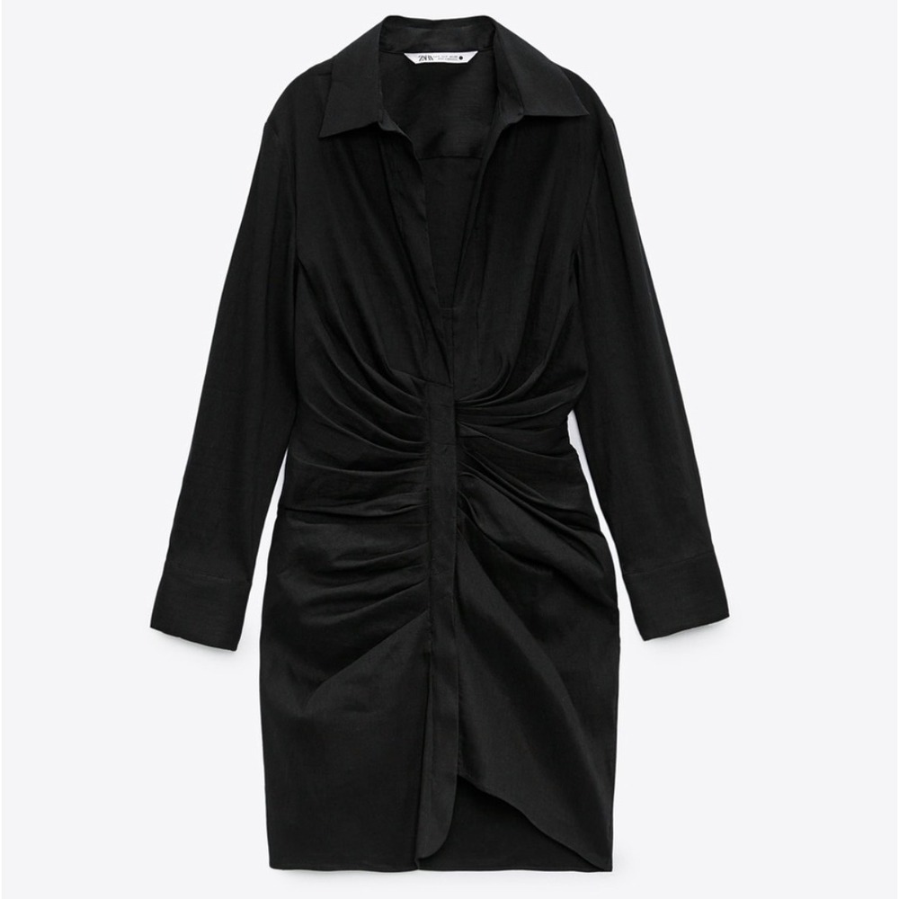 Zara Womens Black Linen Blend Ruched Gathered V-Neck Mini Shirt Dress Medium